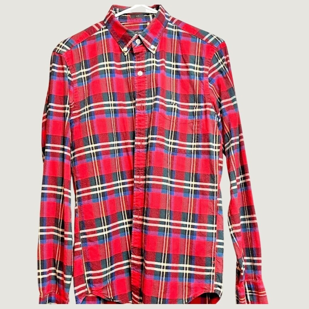 J.Crew Mens Slim Fit Oxford Shirt Red Tartan Plaid Button Down Long Sleeve Small
